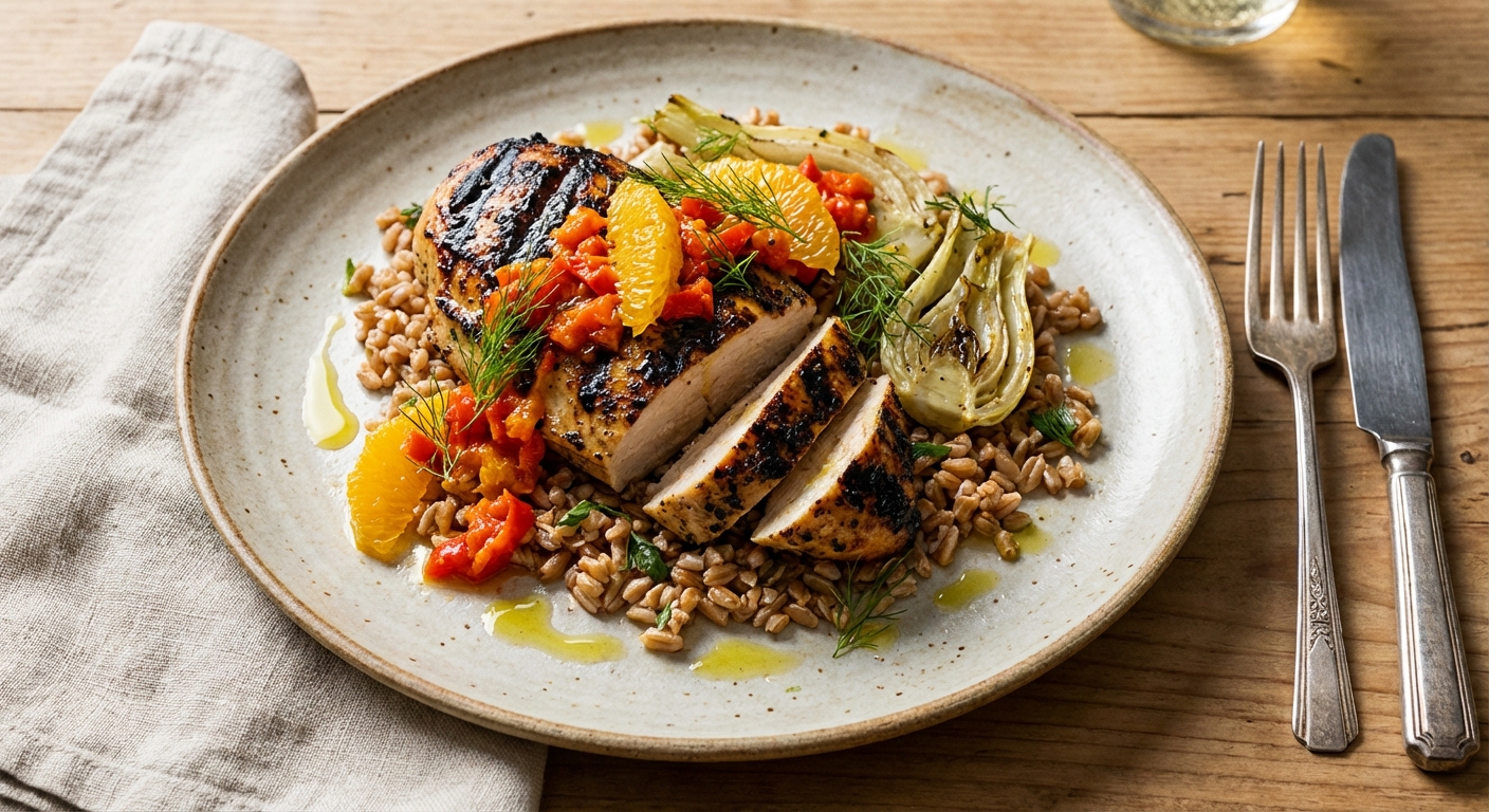 Lemon‑Herb Grilled Chicken with Farro, Fennel & Orange‑Red Pepper Relish