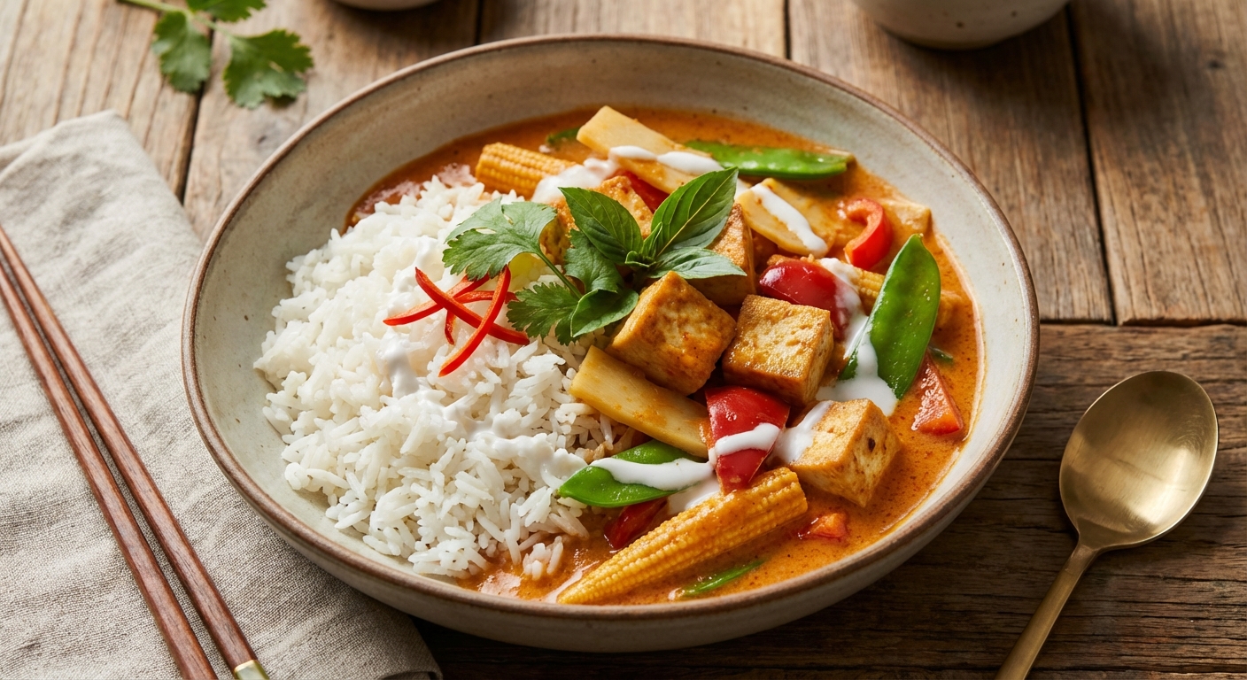 Thai Red Curry with Tofu & Mixed Vegetables over Jasmine Rice