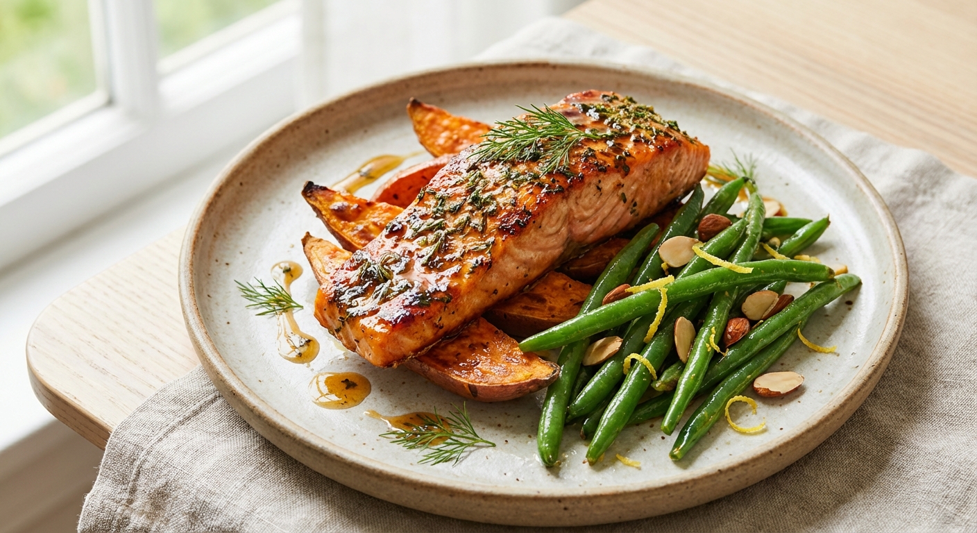 Baked Salmon with Roasted Sweet Potato & Sautéed Green Beans