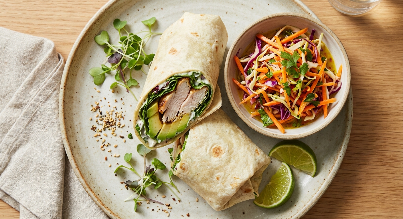 Turkey, Avocado & Mixed-Greens Wrap with Carrot-Cabbage Slaw