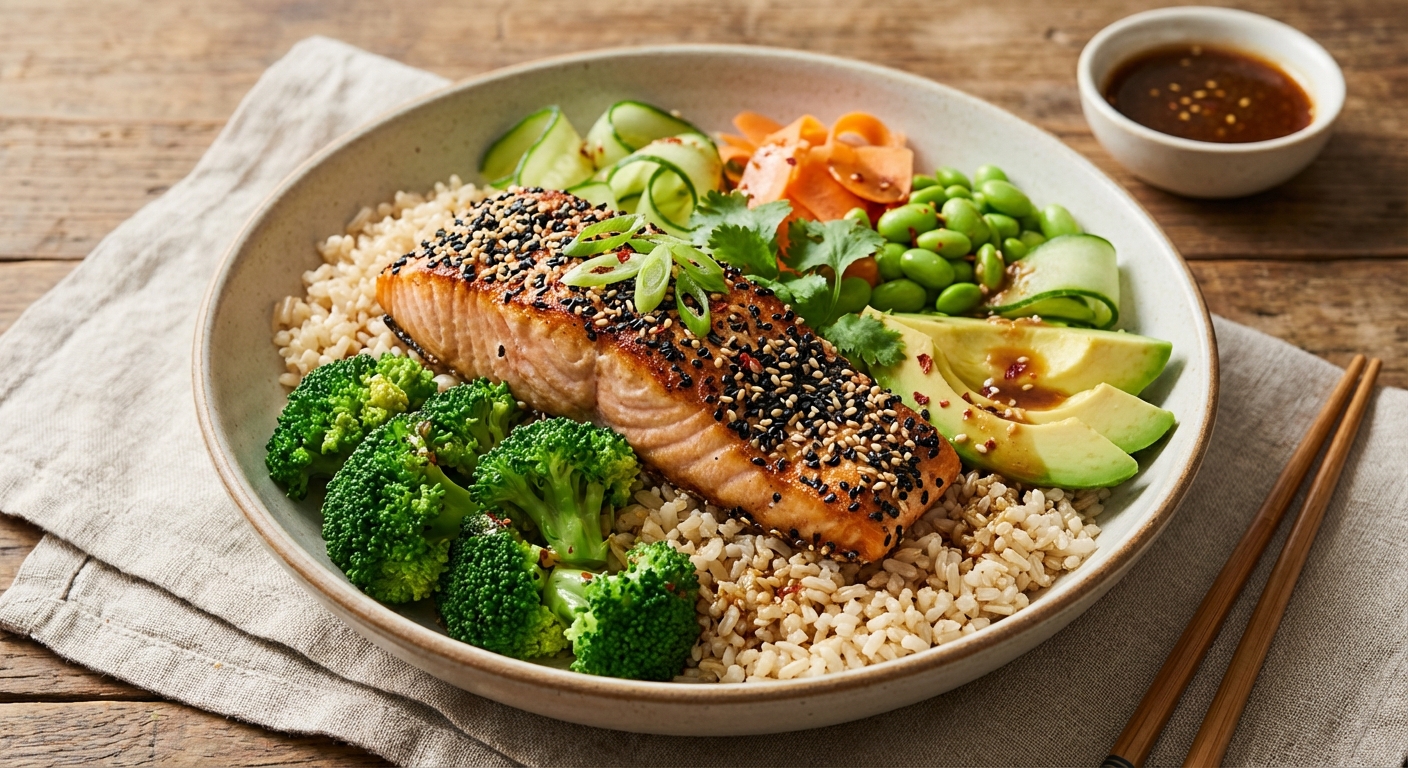 Sesame Salmon Bowl with Brown Rice & Steamed Broccoli