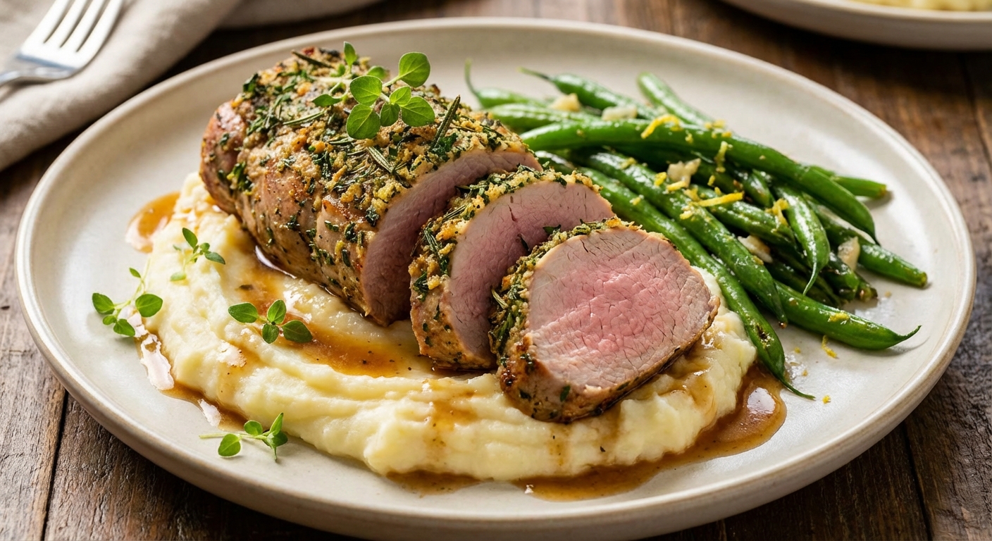 Herb-Crusted Pork Tenderloin with Mashed Potatoes and Sautéed Green Beans