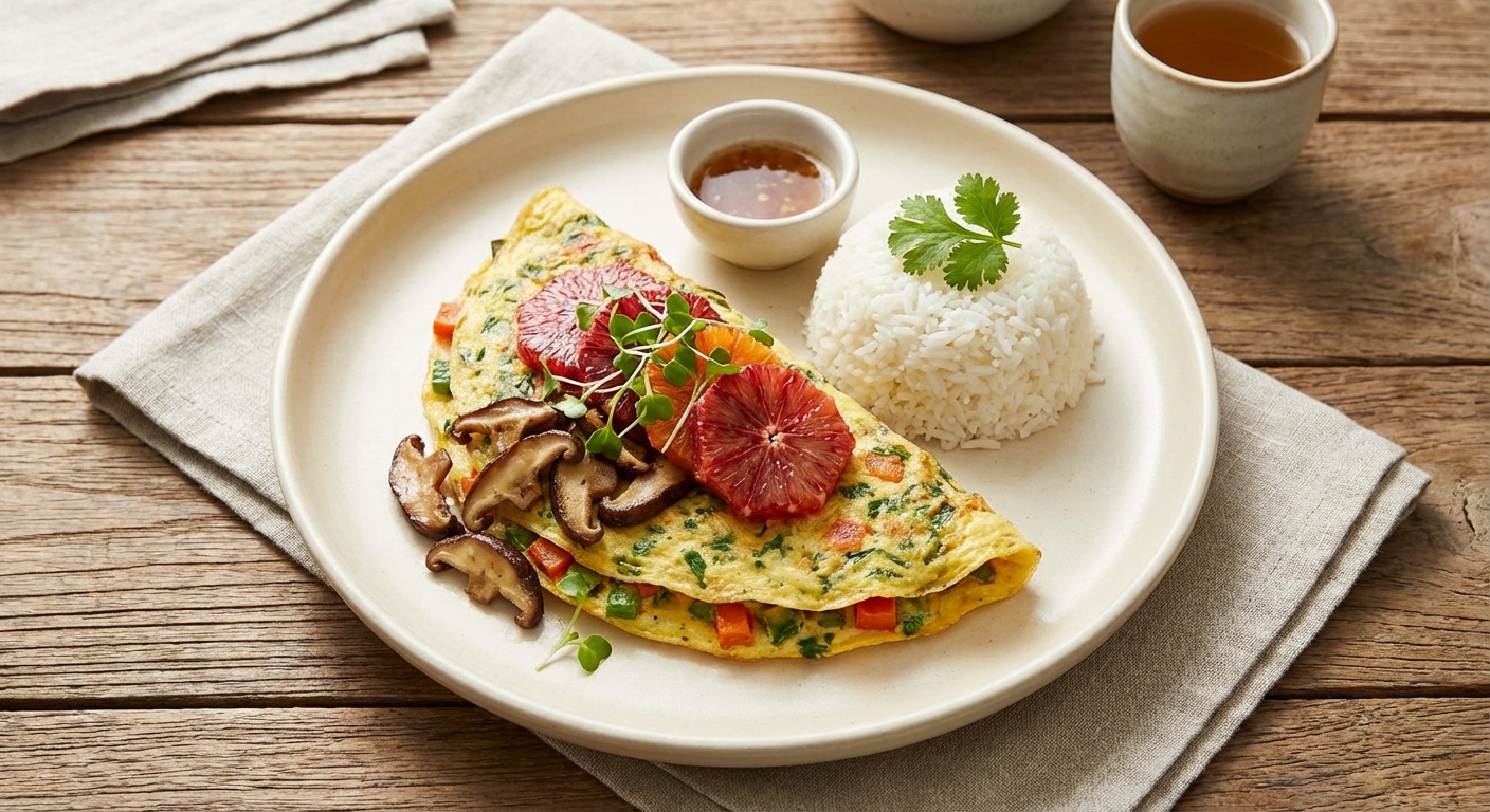 Vegetable Omelette with Shiitake Mushrooms, Jasmine Rice & Citrus