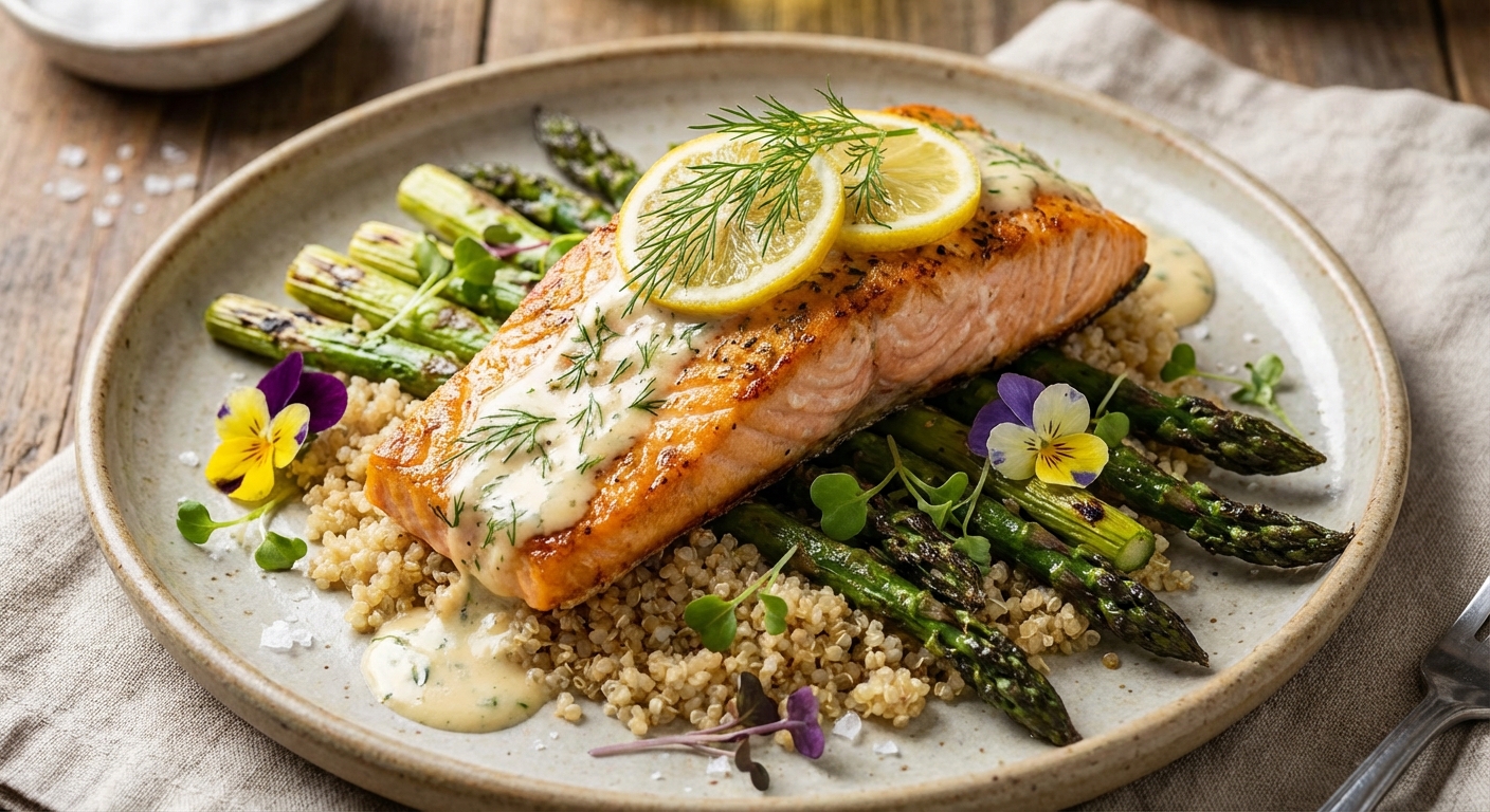 Baked Lemon-Dill Salmon with Quinoa & Roasted Asparagus