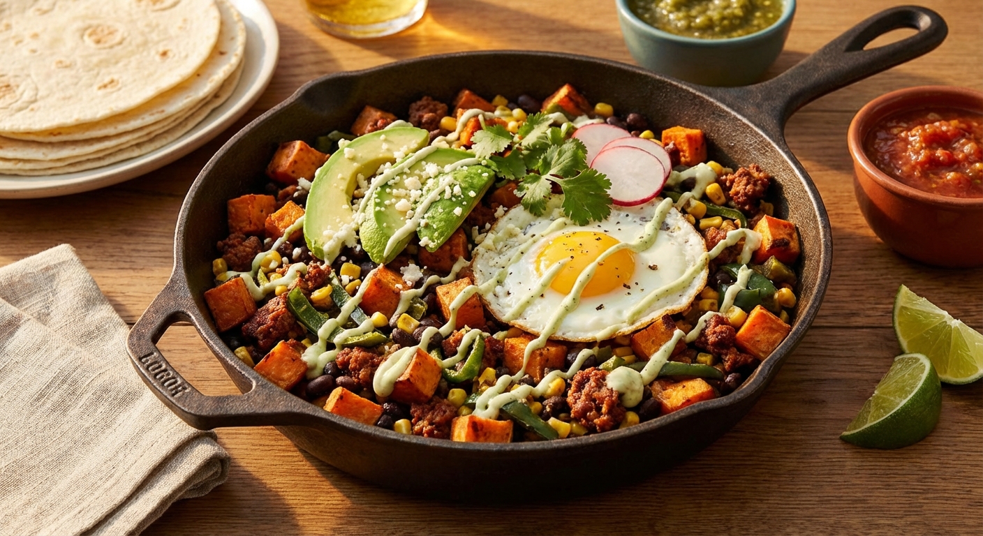 Mexican Sweet Potato & Chorizo Skillet with Avocado