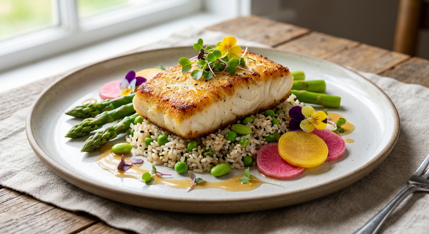 Pan‑Seared Halibut with Sesame Spring Rice, Tender Asparagus & Quick‑Pickled Radish