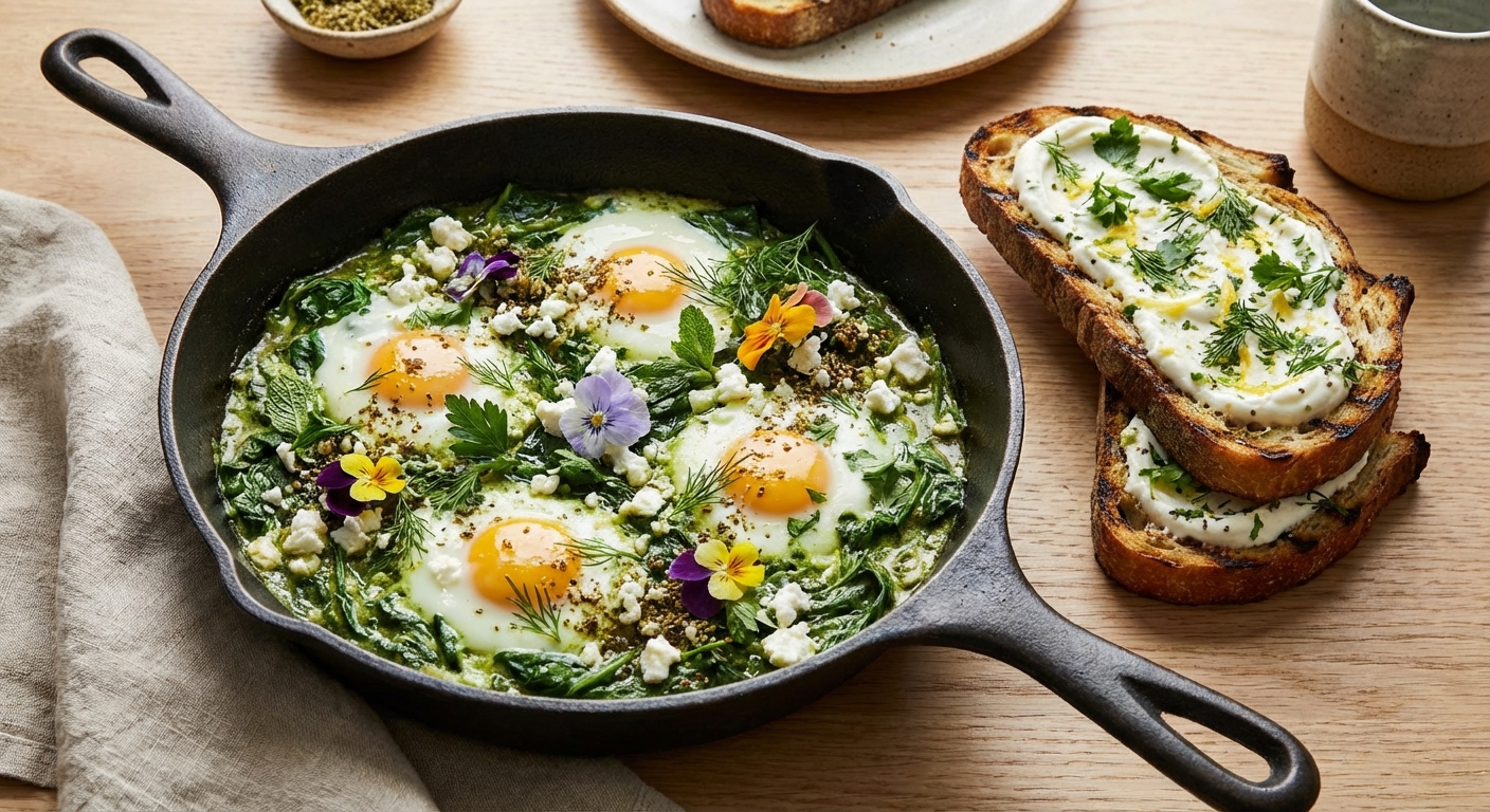 Spring Herb Shakshuka with Lemon-Labneh Sourdough Toast