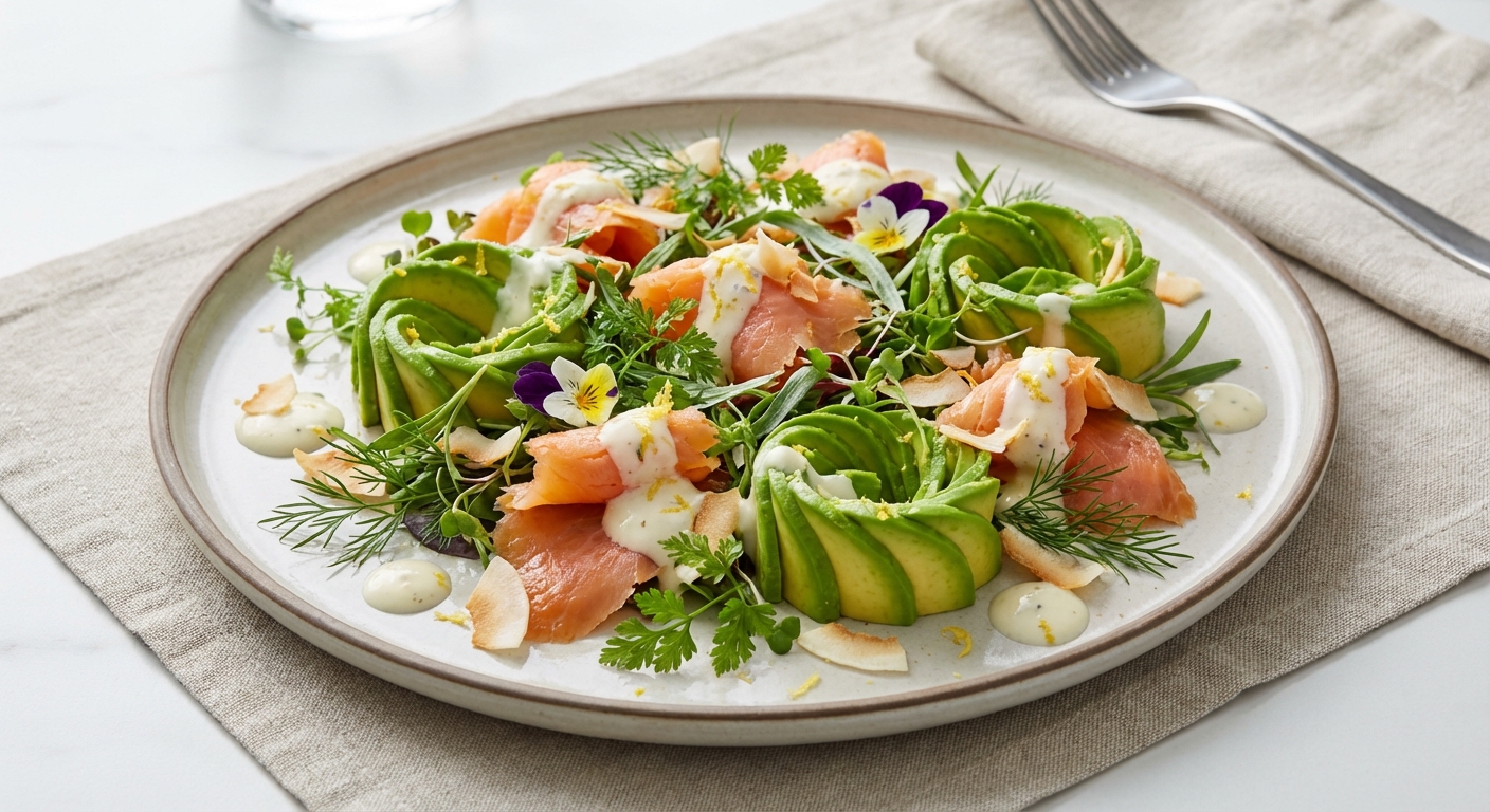 Smoked Salmon & Avocado Herb Salad with Lemon-Coconut Yogurt Dressing