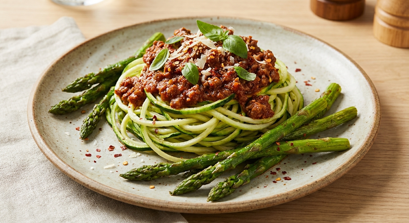 Zucchini Noodles with Beef Bolognese & Roasted Asparagus