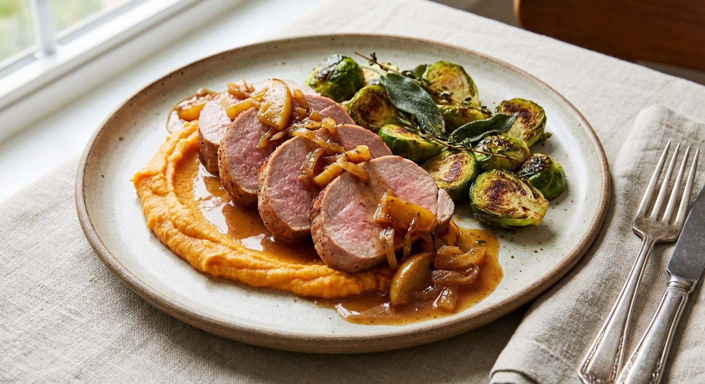 Pork Tenderloin with Apple-Onion Pan Sauce, Roasted Brussels & Mashed Sweet Potato